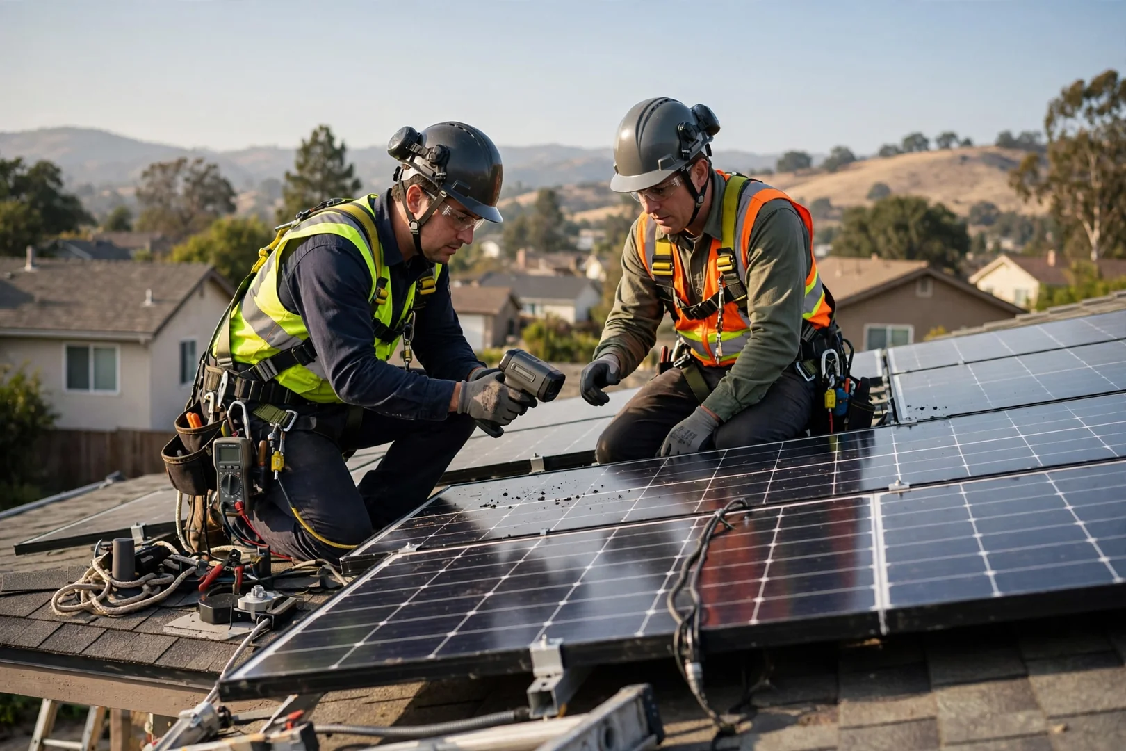 Homeowner reviewing a written solar maintenance estimate with a technician beside a Mountain House rooftop array