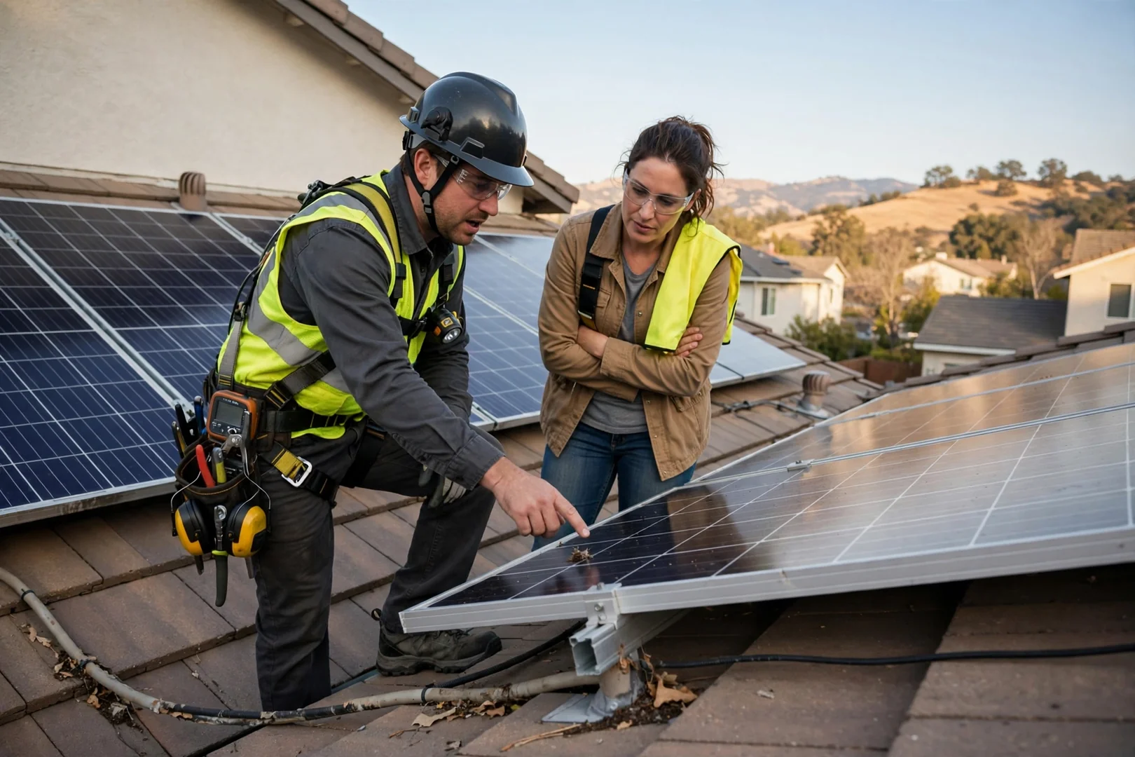 Solar technician reviewing rooftop panel readings at a Mountain House home