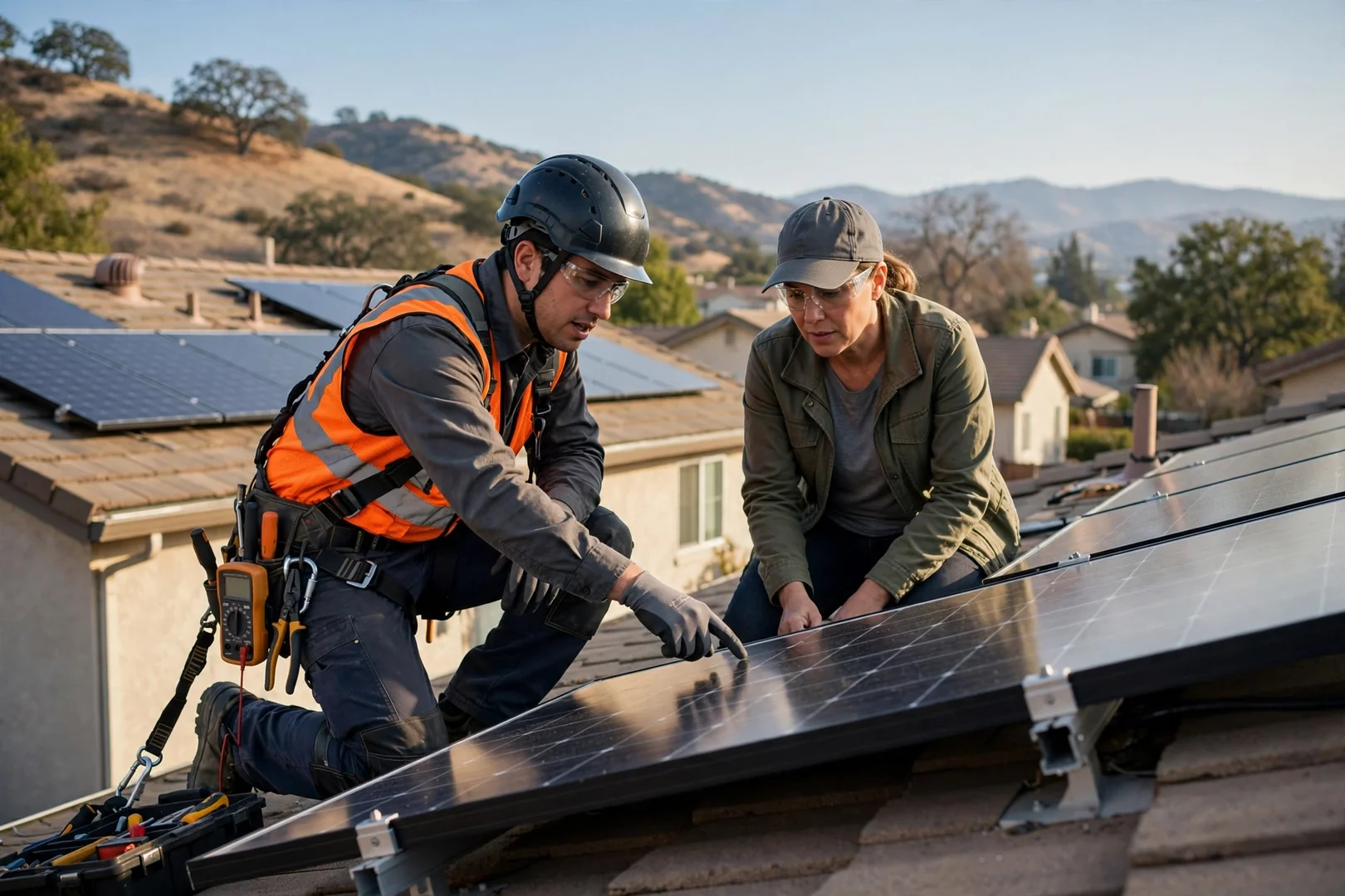 Technician inspecting rooftop solar panel wiring during a maintenance visit in Mountain House