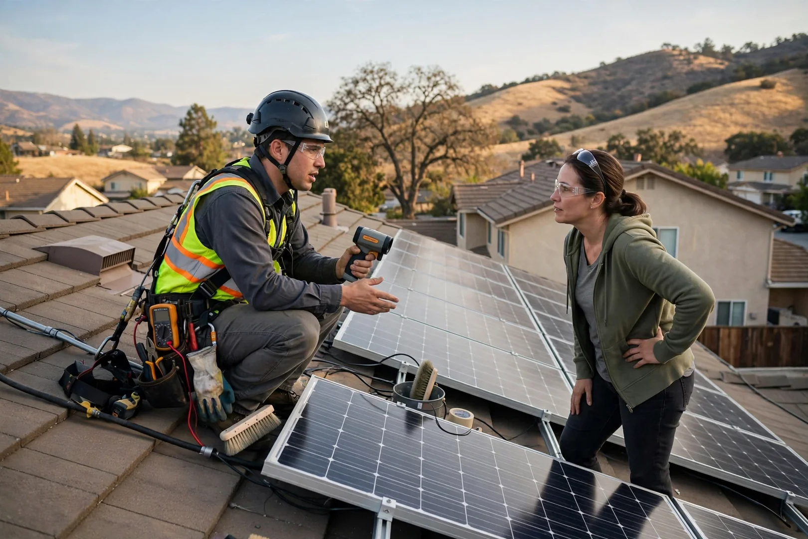 Technician inspecting rooftop solar array wiring and mounting hardware on a Mountain House home